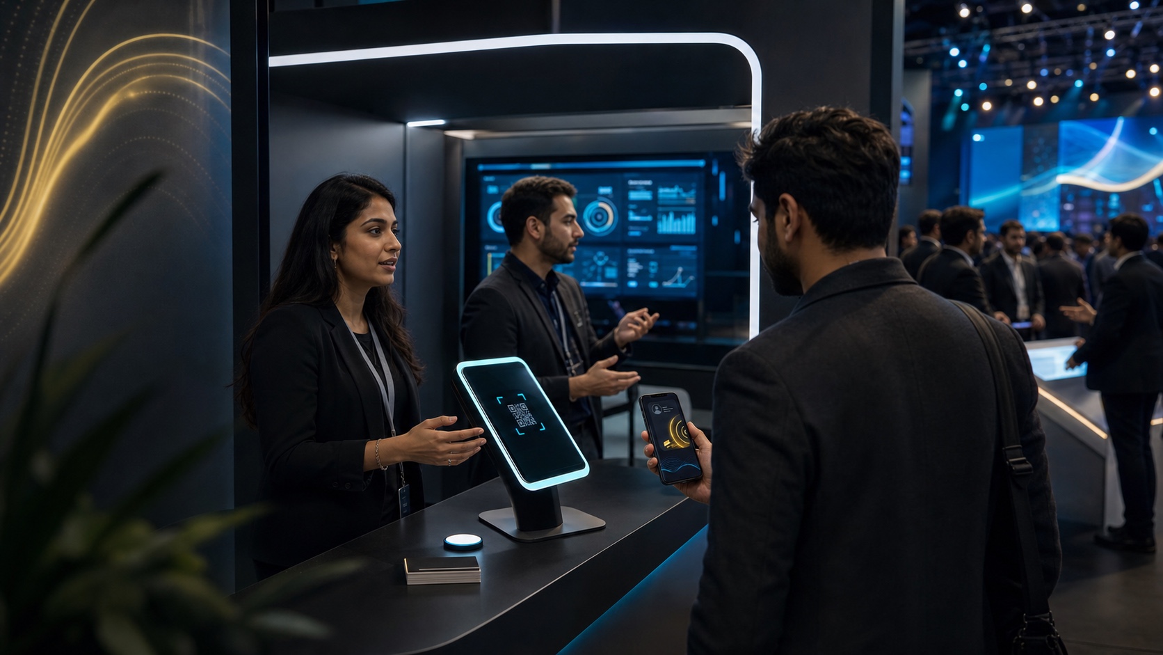 Enterprise booth staff using a QR touchpoint and attendee live pass with dashboard handoff context.